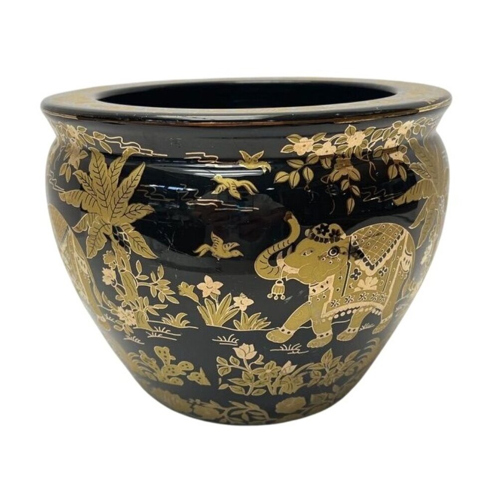 Vintage Black & Gold Elephant Asian Chinoiserie Style Floral Vase - Picture 3 of 7